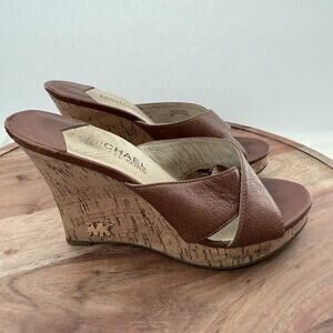 Michael Kors Shoes Womens Size 6 Brown Wedge Cork Heels Slide Leather Sandals MK